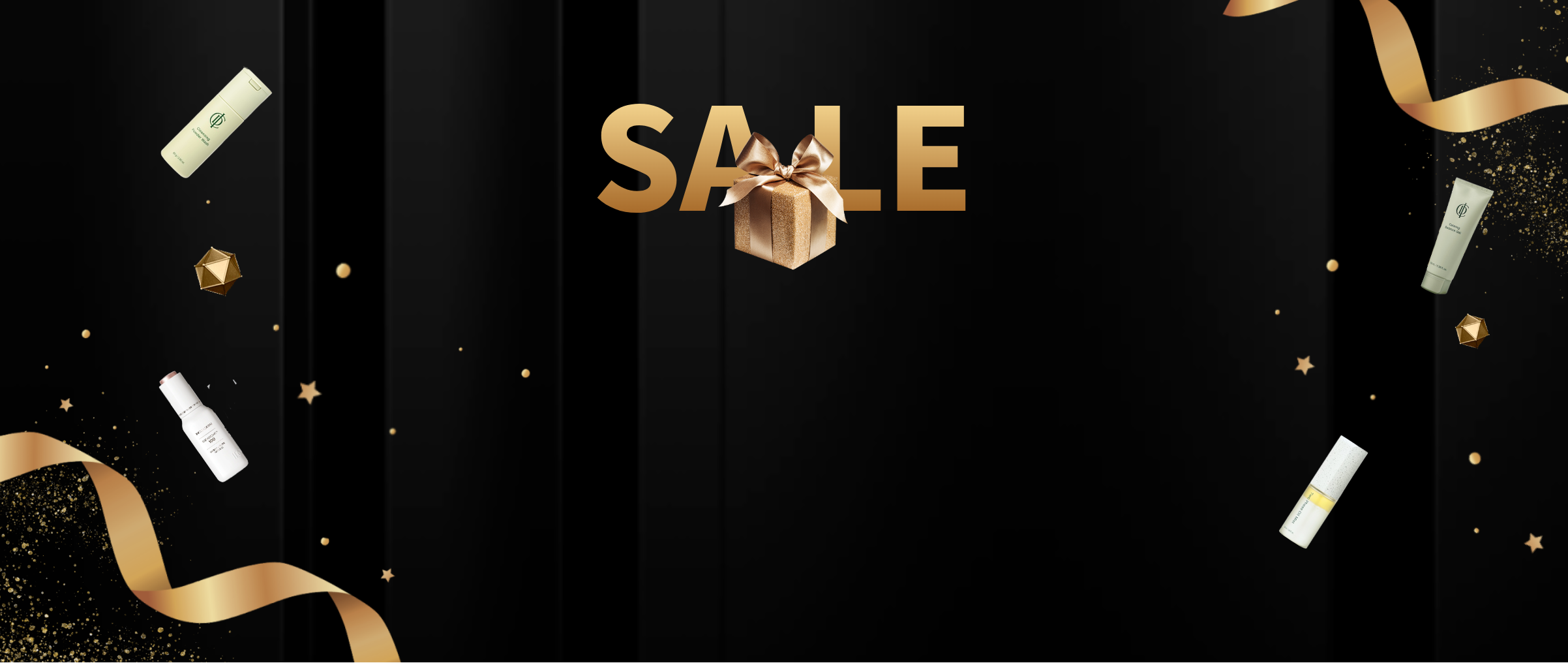 Black background with gold 'SALE' text and gift box, festive ribbons, and confetti.